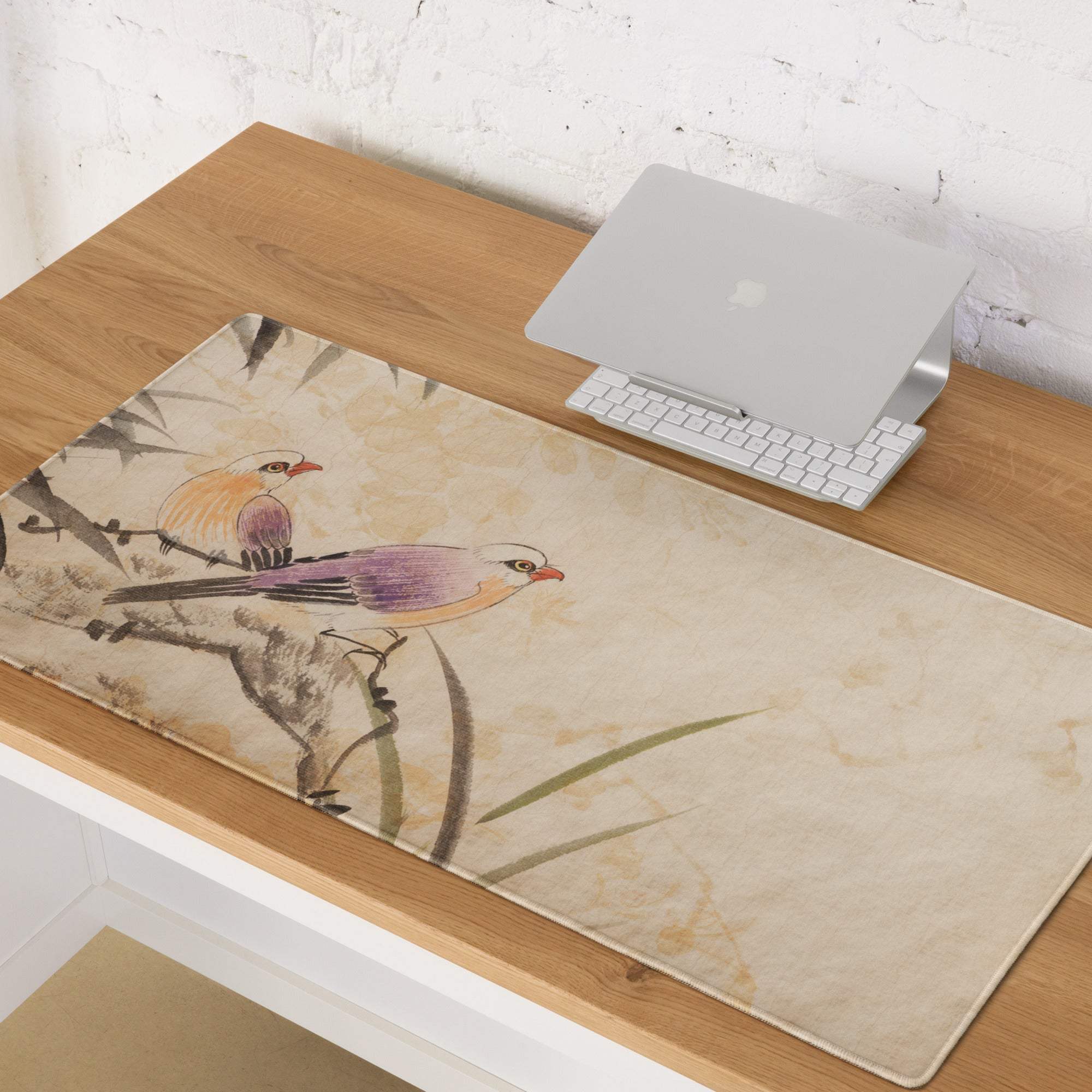Beige rectangular vintage bird illustration mouse pad with delicate watercolor birds on aged parchment background