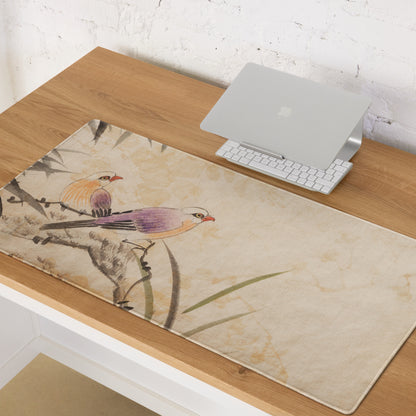 Vintage Bird Illustration Mouse Pad - Bird Illustration Beige Desk Vintage - Nostalgic Mood Rustic Vintage Desk Mat Art
