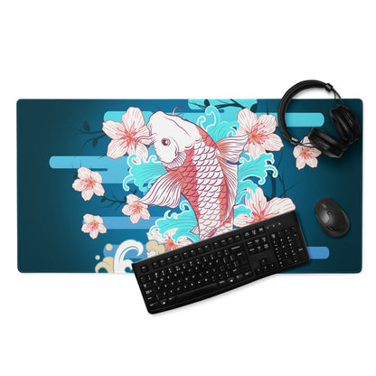 Koi And Cherry Blossom Gaming Desk Pad - Koi Blue Teal Pink Gaming Desk Pad Vibrant Mood Modern Decor Koi Desk Mat Art