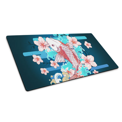 Koi And Cherry Blossom Gaming Desk Pad - Koi Blue Teal Pink Gaming Desk Pad Vibrant Mood Modern Decor Koi Desk Mat Art