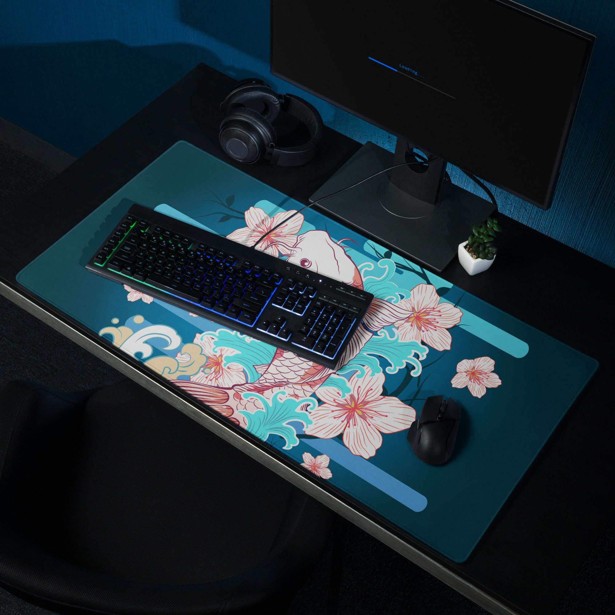 Koi And Cherry Blossom Gaming Desk Pad - Koi Blue Teal Pink Gaming Desk Pad Vibrant Mood Modern Decor Koi Desk Mat Art