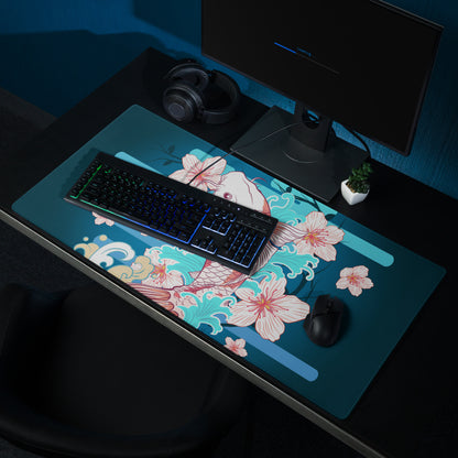 Koi And Cherry Blossom Gaming Desk Pad - Koi Blue Teal Pink Gaming Desk Pad Vibrant Mood Modern Decor Koi Desk Mat Art