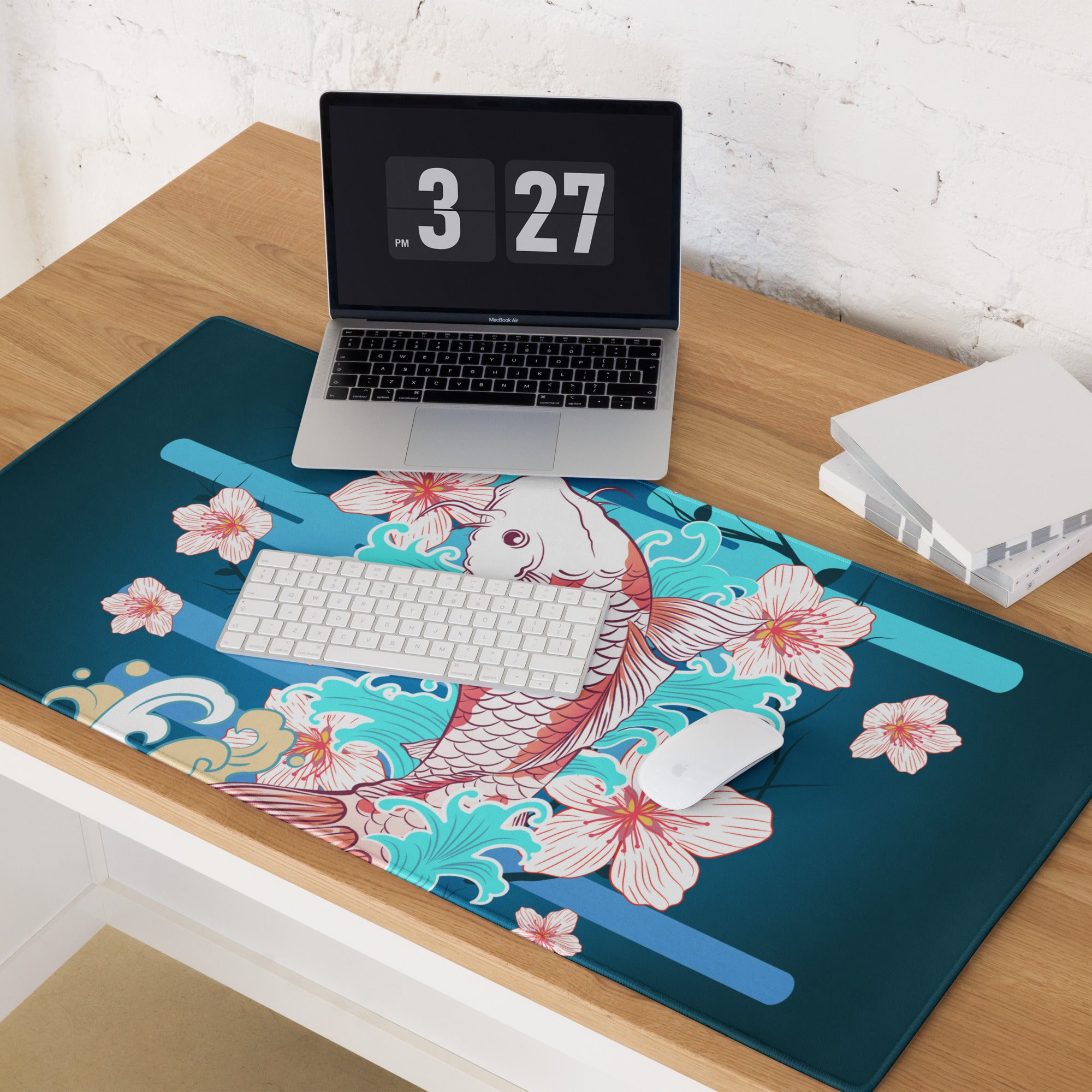 Koi And Cherry Blossom Gaming Desk Pad - Koi Blue Teal Pink Gaming Desk Pad Vibrant Mood Modern Decor Koi Desk Mat Art