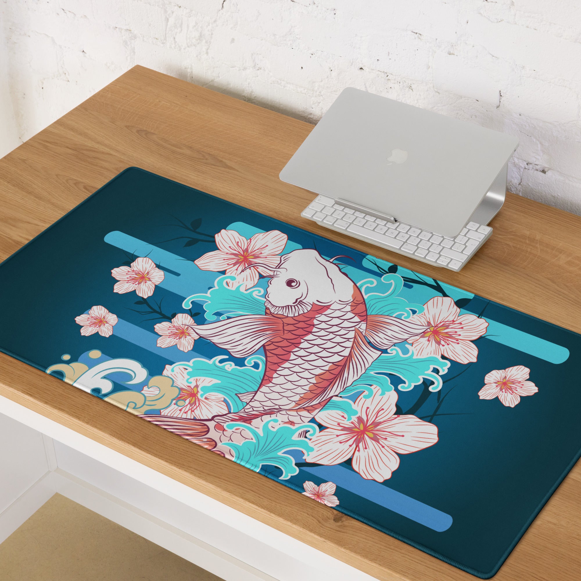 Koi And Cherry Blossom Gaming Desk Pad - Koi Blue Teal Pink Gaming Desk Pad Vibrant Mood Modern Decor Koi Desk Mat Art