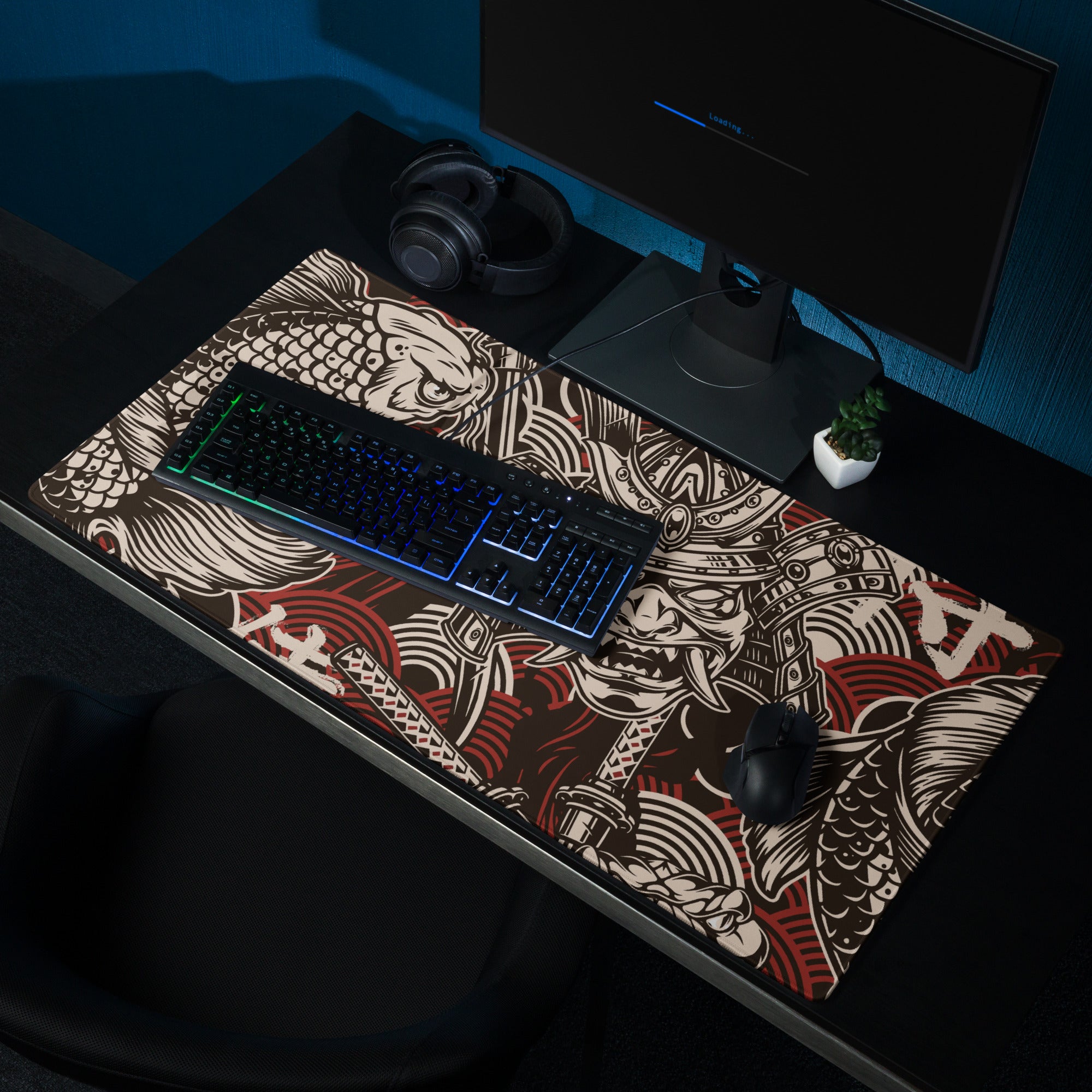 Dragon Ink Gaming Pad - Dragon Black White Red Gaming Desk Graphic Art, Bold Urban Mood, CSGO Dota Mat, Vector Artwork