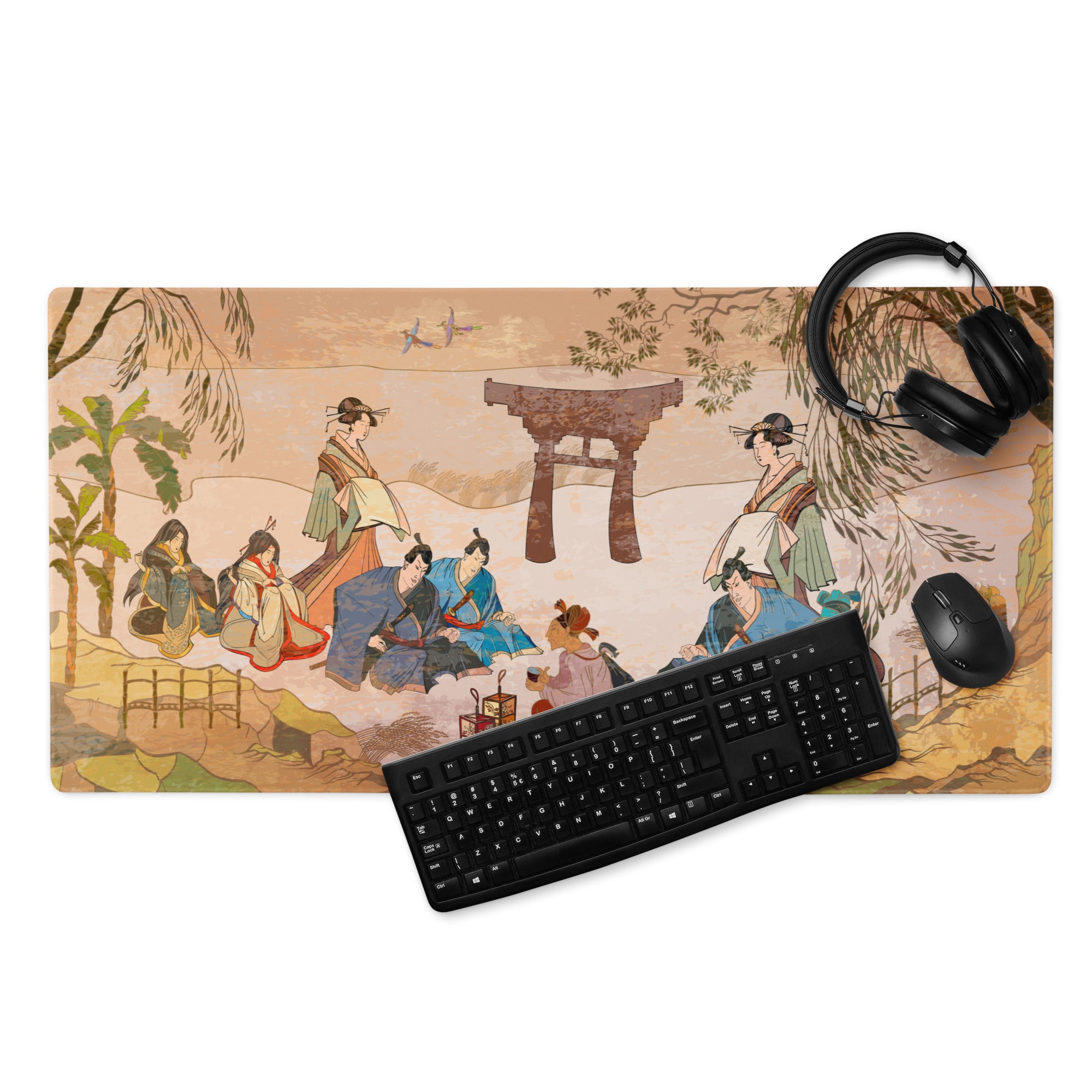 Ukiyoe Garden Desk Pad - Geisha Scene Peach Green Desk Gaming Ukiyoe Zen Mood Traditional Decor Woodblock Print