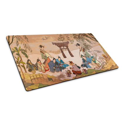 Ukiyoe Garden Desk Pad - Geisha Scene Peach Green Desk Gaming Ukiyoe Zen Mood Traditional Decor Woodblock Print