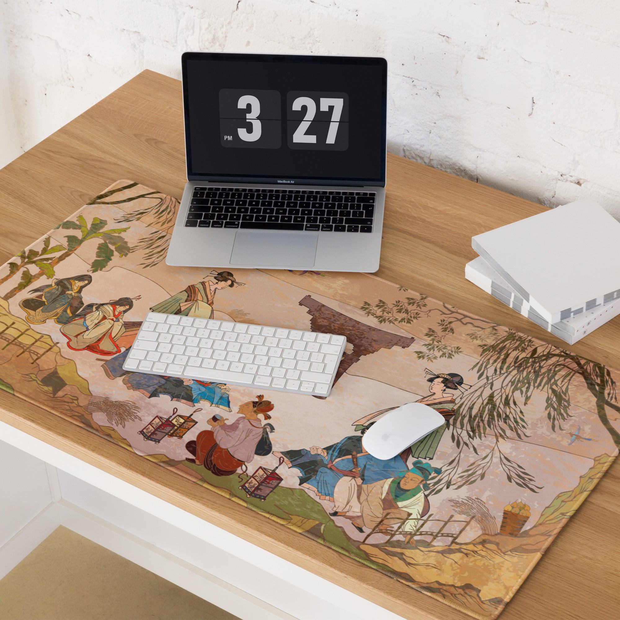 Ukiyoe Garden Desk Pad - Geisha Scene Peach Green Desk Gaming Ukiyoe Zen Mood Traditional Decor Woodblock Print