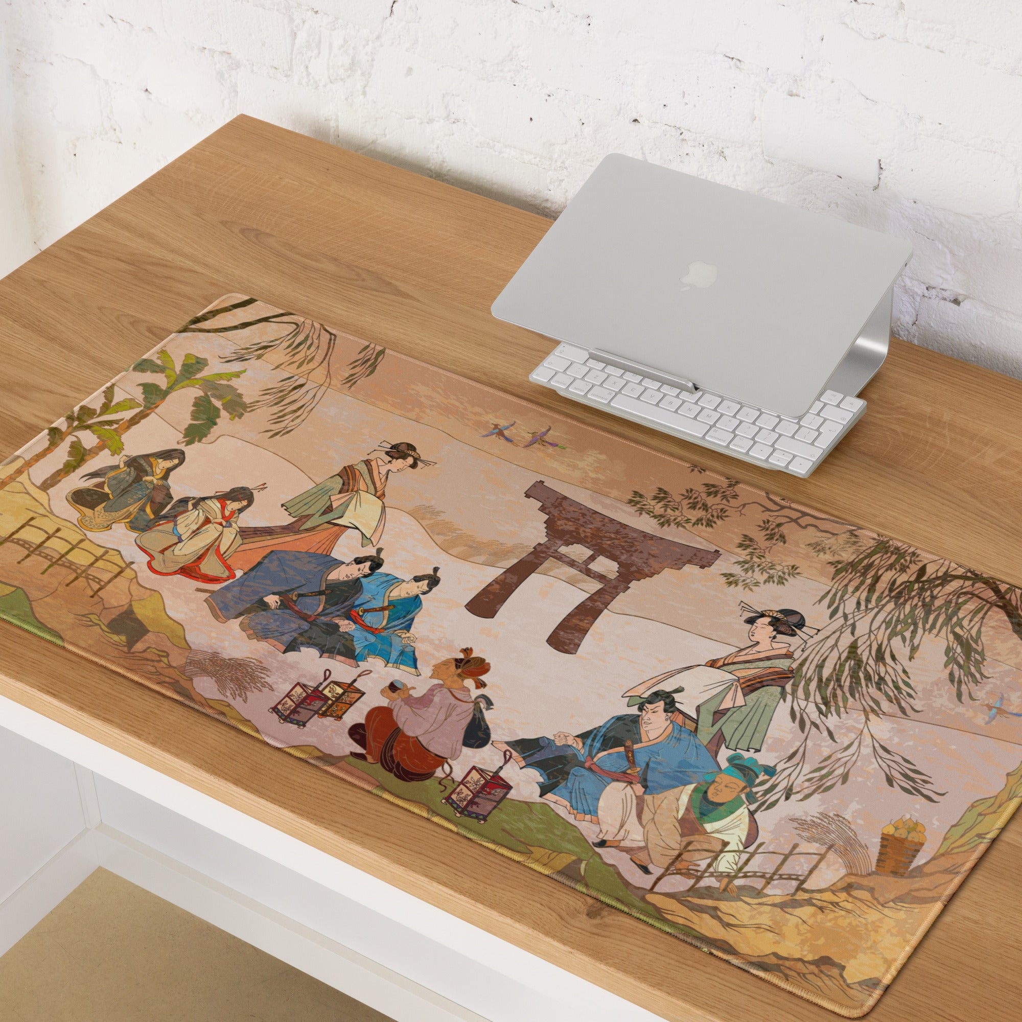 Ukiyoe Garden Desk Pad - Geisha Scene Peach Green Desk Gaming Ukiyoe Zen Mood Traditional Decor Woodblock Print