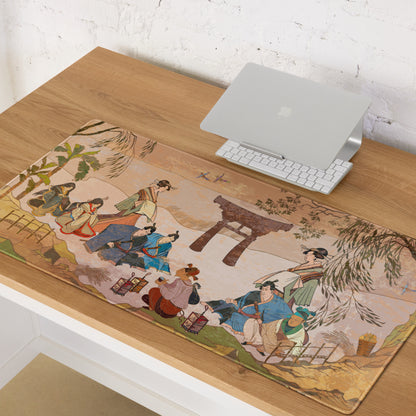 Ukiyoe Garden Desk Pad - Geisha Scene Peach Green Desk Gaming Ukiyoe Zen Mood Traditional Decor Woodblock Print