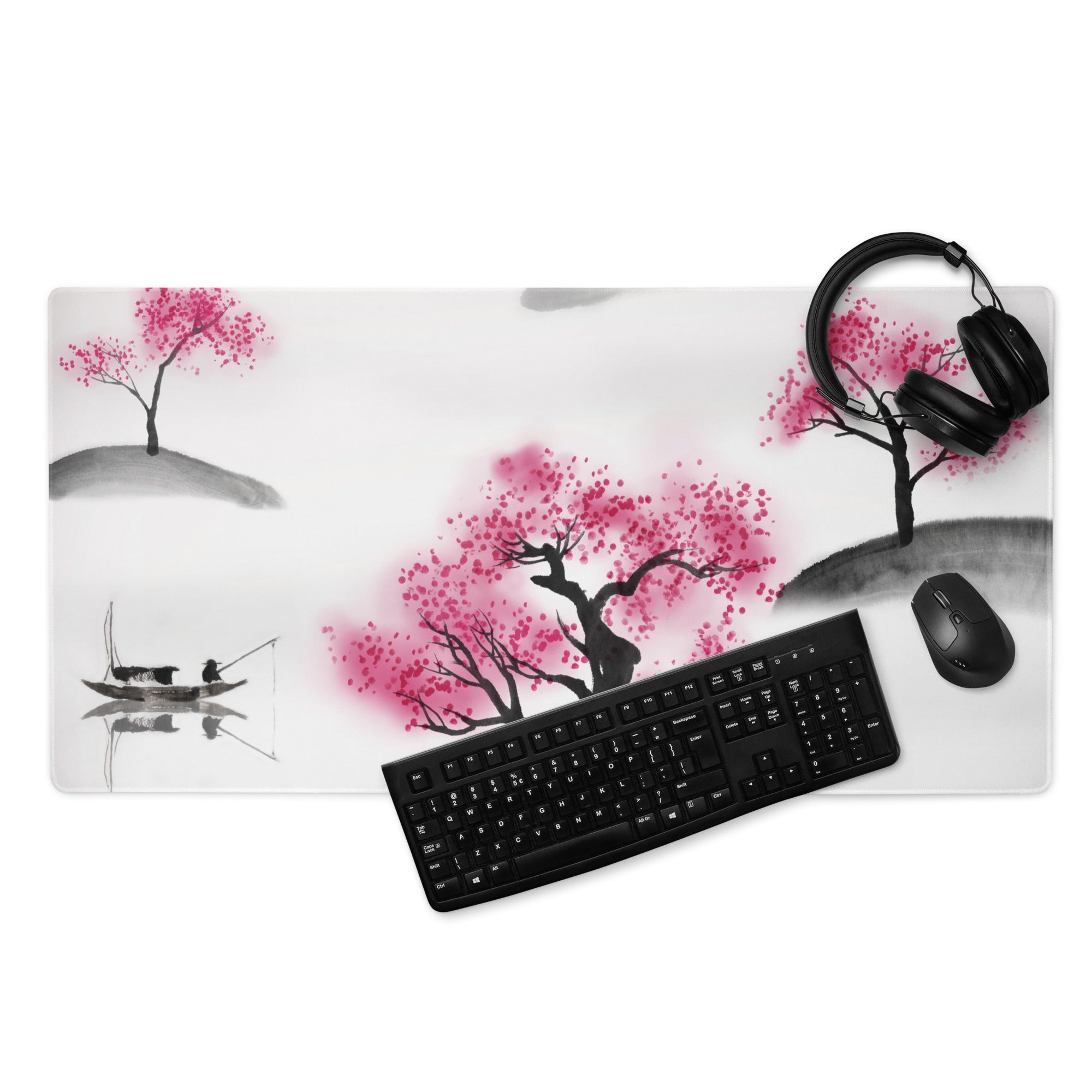 Cherry Blossom Sumi E Desk Pad - Cherry Blossom Pink Black White Desk Sumi E Watercolor Ink Wash Large Non Slip Edge Zen