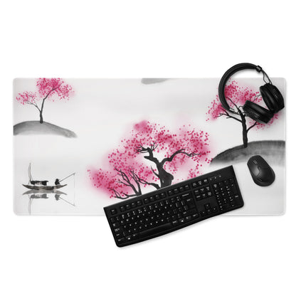Cherry Blossom Sumi E Desk Pad - Cherry Blossom Pink Black White Desk Sumi E Watercolor Ink Wash Large Non Slip Edge Zen