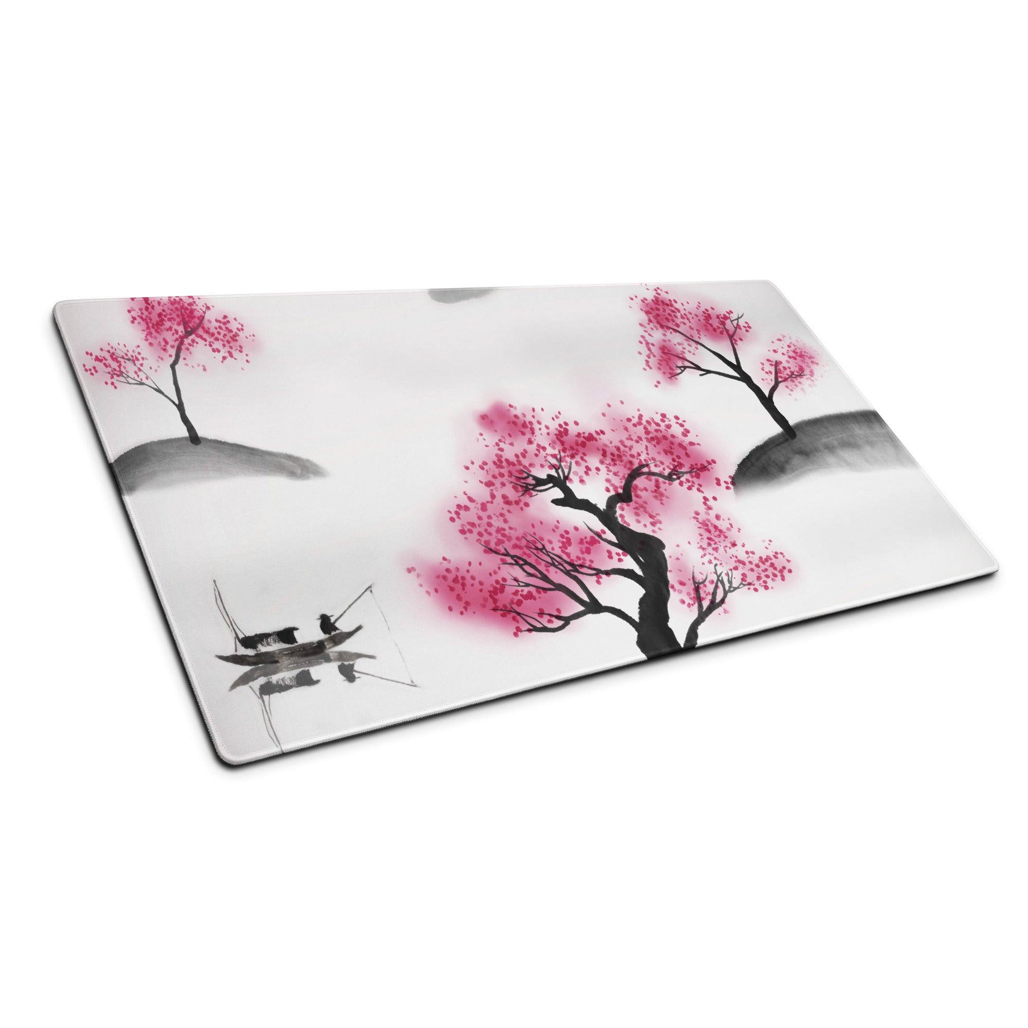Cherry Blossom Sumi E Desk Pad - Cherry Blossom Pink Black White Desk Sumi E Watercolor Ink Wash Large Non Slip Edge Zen