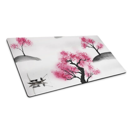 Cherry Blossom Sumi E Desk Pad - Cherry Blossom Pink Black White Desk Sumi E Watercolor Ink Wash Large Non Slip Edge Zen