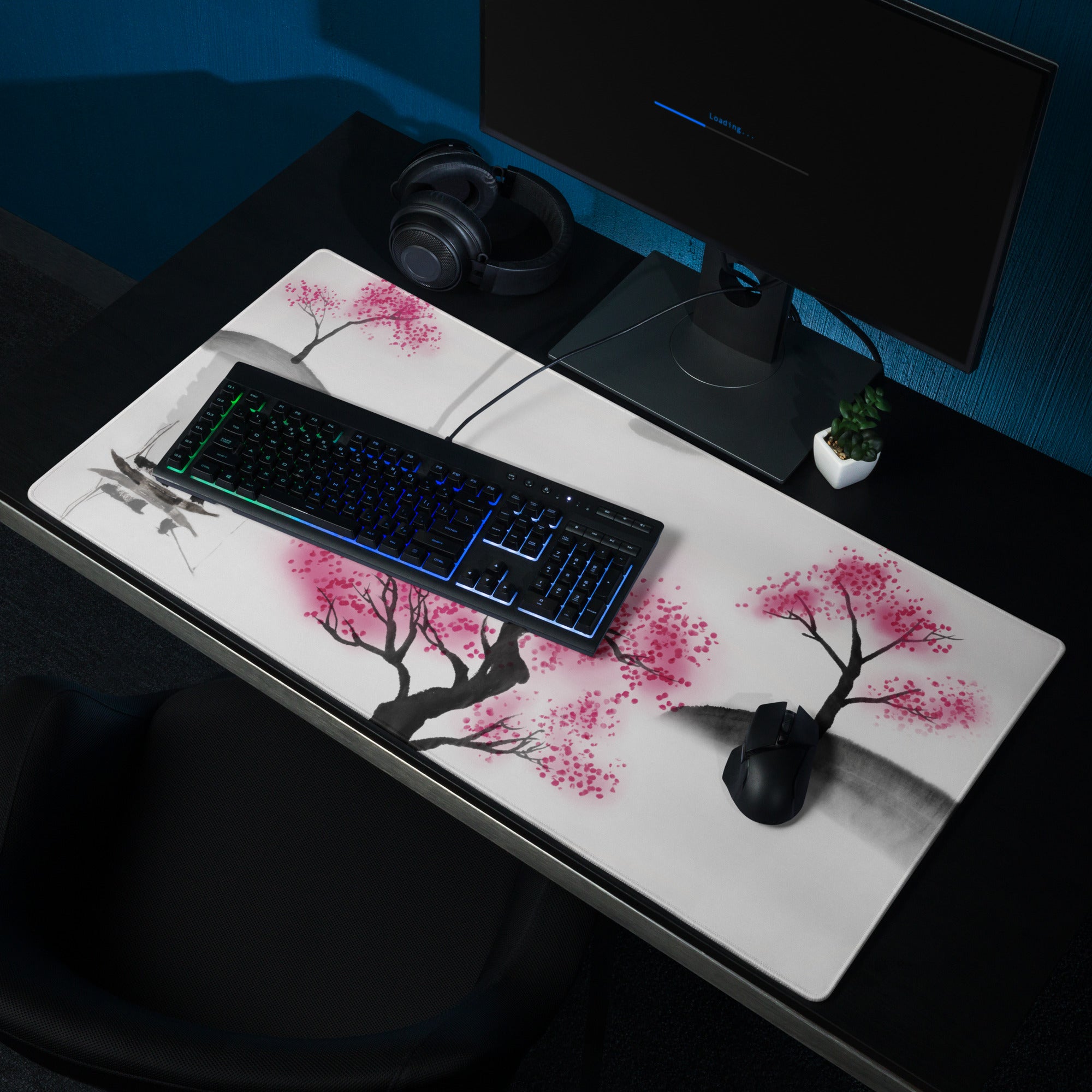 Cherry Blossom Sumi E Desk Pad - Cherry Blossom Pink Black White Desk Sumi E Watercolor Ink Wash Large Non Slip Edge Zen