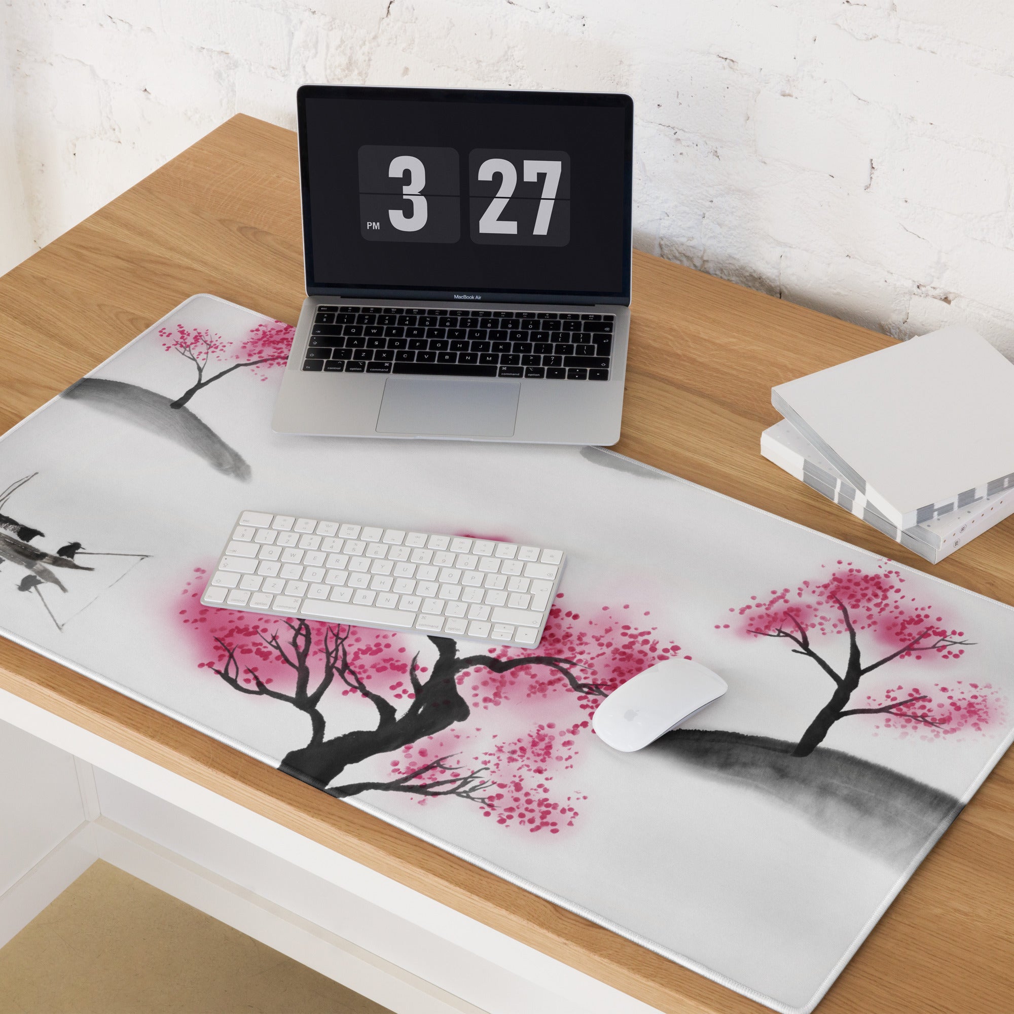 Cherry Blossom Sumi E Desk Pad - Cherry Blossom Pink Black White Desk Sumi E Watercolor Ink Wash Large Non Slip Edge Zen