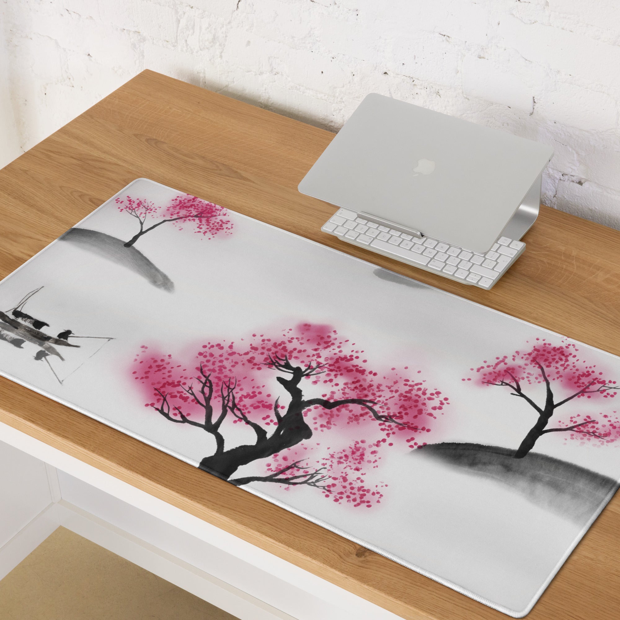 Cherry Blossom Sumi E Desk Pad - Cherry Blossom Pink Black White Desk Sumi E Watercolor Ink Wash Large Non Slip Edge Zen