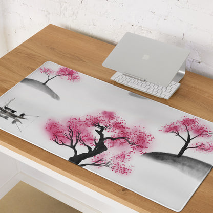 Cherry Blossom Sumi E Desk Pad - Cherry Blossom Pink Black White Desk Sumi E Watercolor Ink Wash Large Non Slip Edge Zen