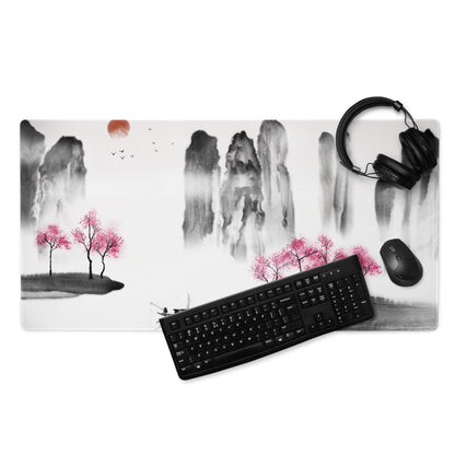 Zen Ink Landscape Mouse Pad - Landscape Mouse Pad Black Pink White Sumi-e Calming Mood Minimal East Asian Decor