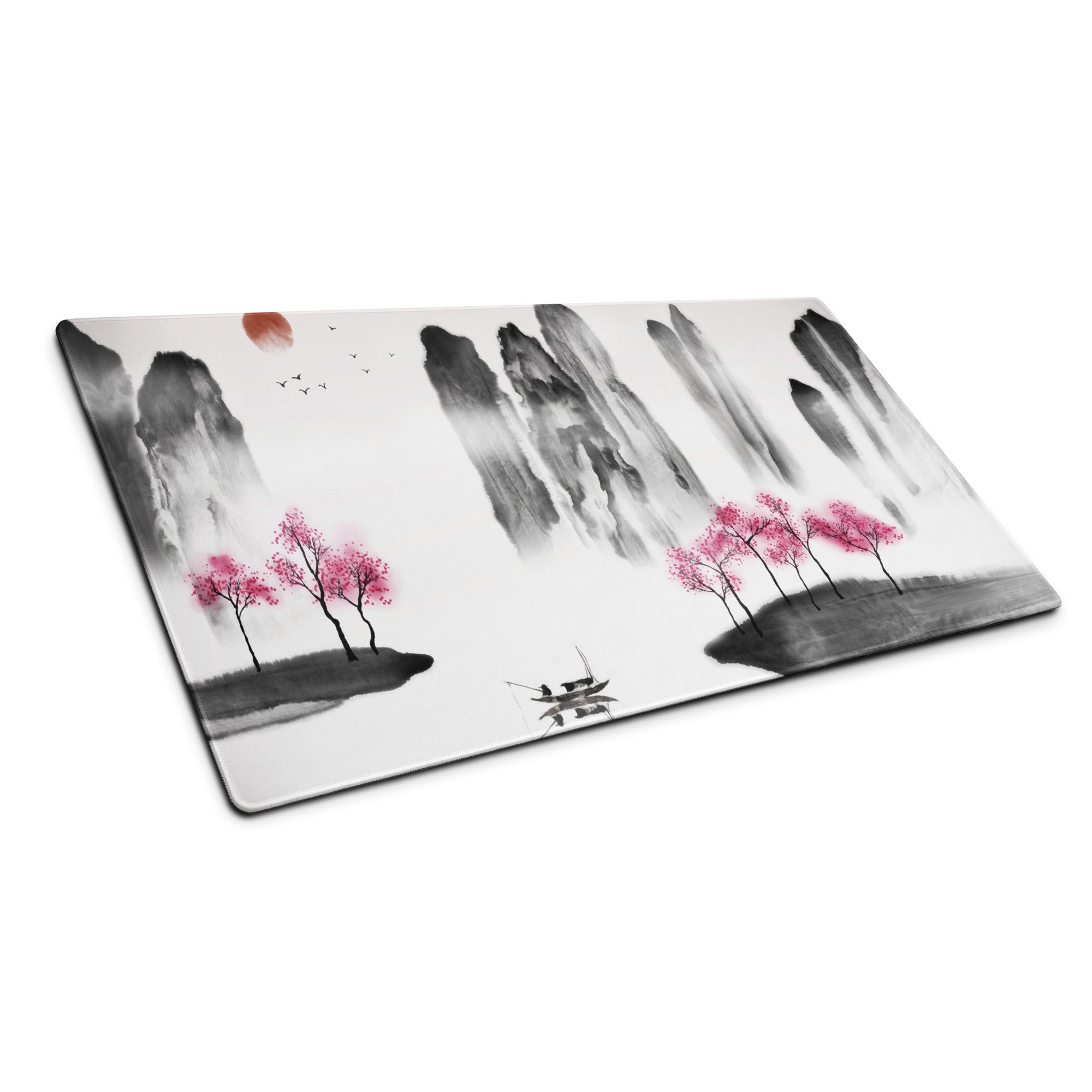 Zen Ink Landscape Mouse Pad - Landscape Mouse Pad Black Pink White Sumi-e Calming Mood Minimal East Asian Decor