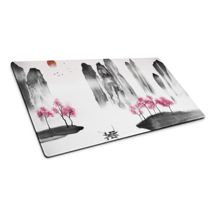 Zen Ink Landscape Mouse Pad - Landscape Mouse Pad Black Pink White Sumi-e Calming Mood Minimal East Asian Decor