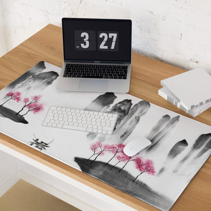 Zen Ink Landscape Mouse Pad - Landscape Mouse Pad Black Pink White Sumi-e Calming Mood Minimal East Asian Decor