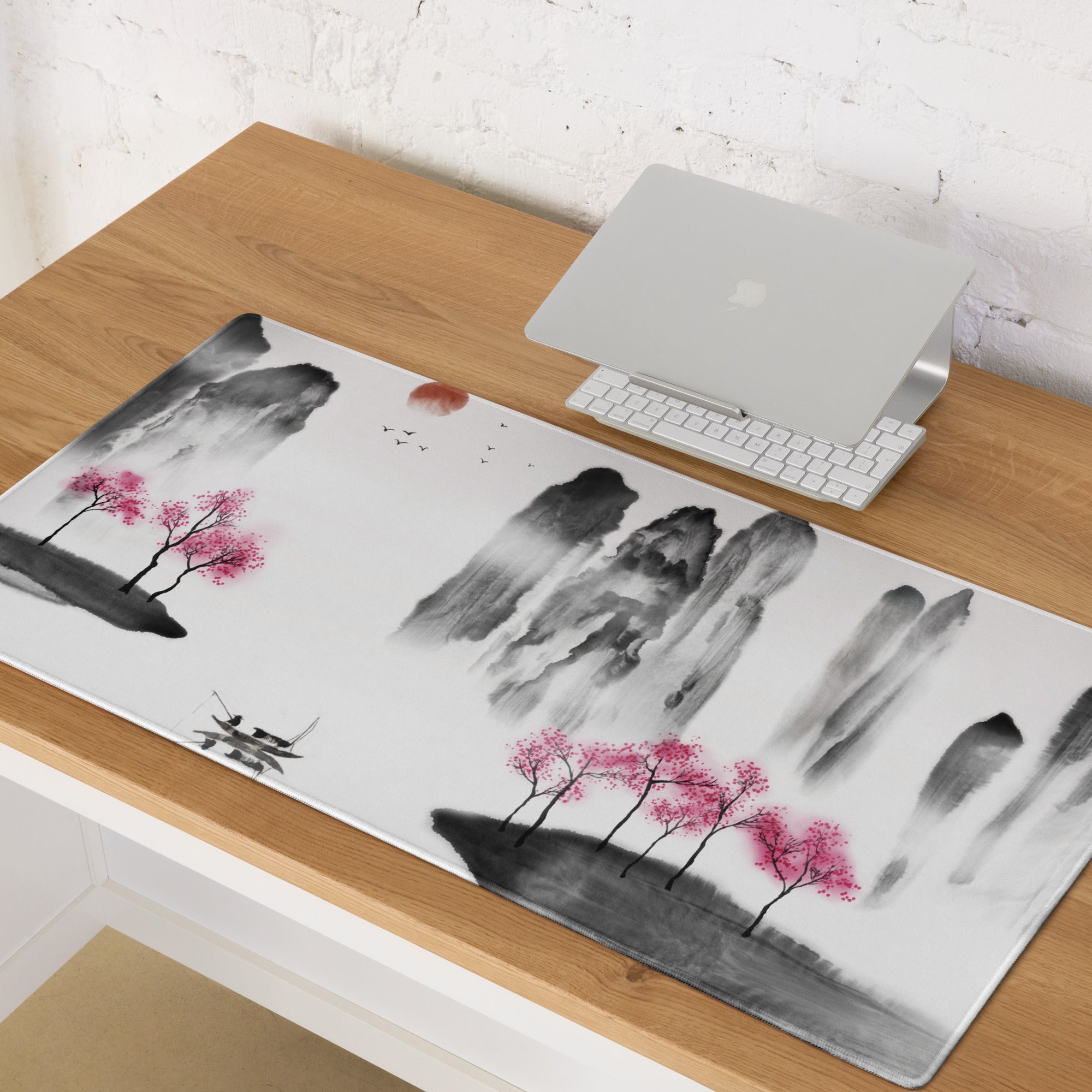 Zen Ink Landscape Mouse Pad - Landscape Mouse Pad Black Pink White Sumi-e Calming Mood Minimal East Asian Decor