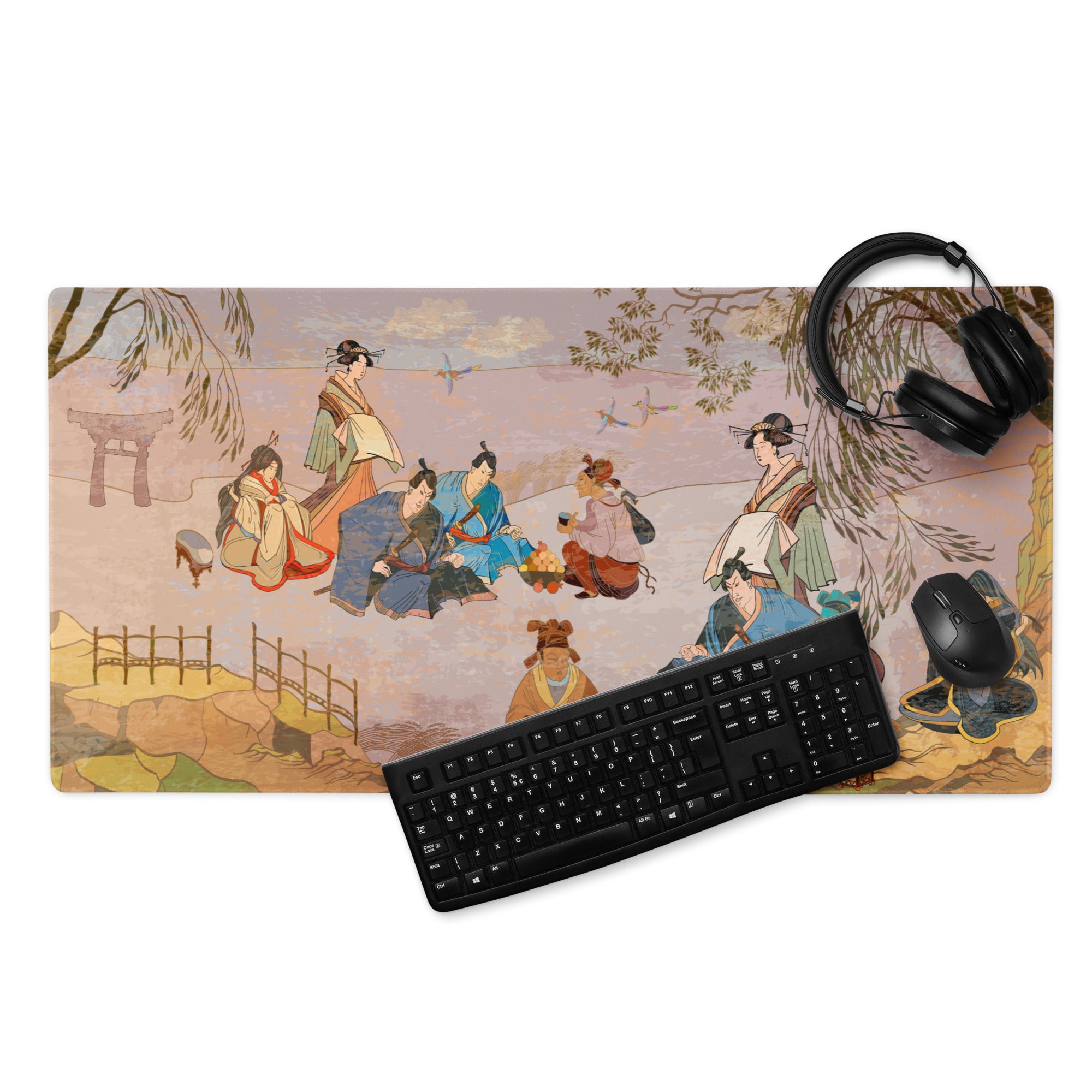 Ukiyo-e Geisha Garden Mouse Pad - Geisha Garden Pink Mauve Green Desk Ukiyo-e Calm Mood Ukiyo-e Japanese Printed