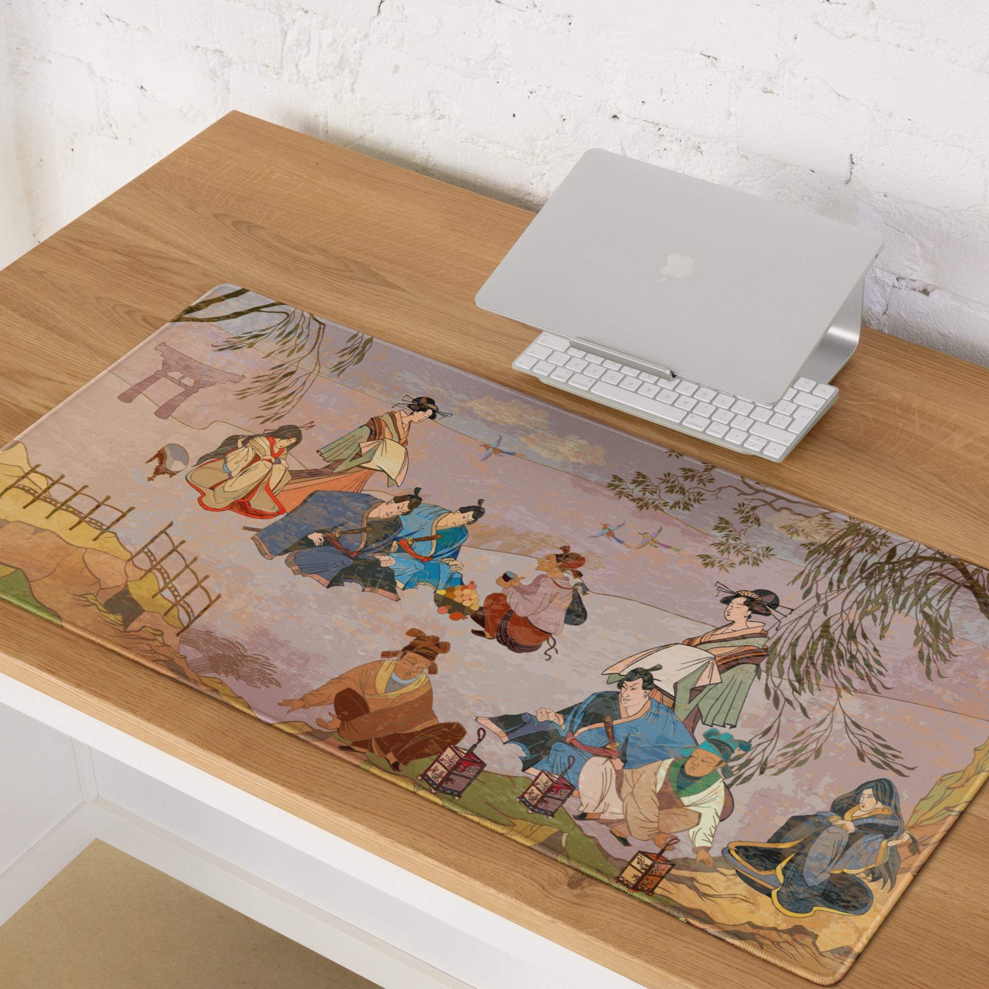 Ukiyo-e Geisha Garden soft rectangular mousepad with colorful east Asian figures under willow trees in pink mauve green
