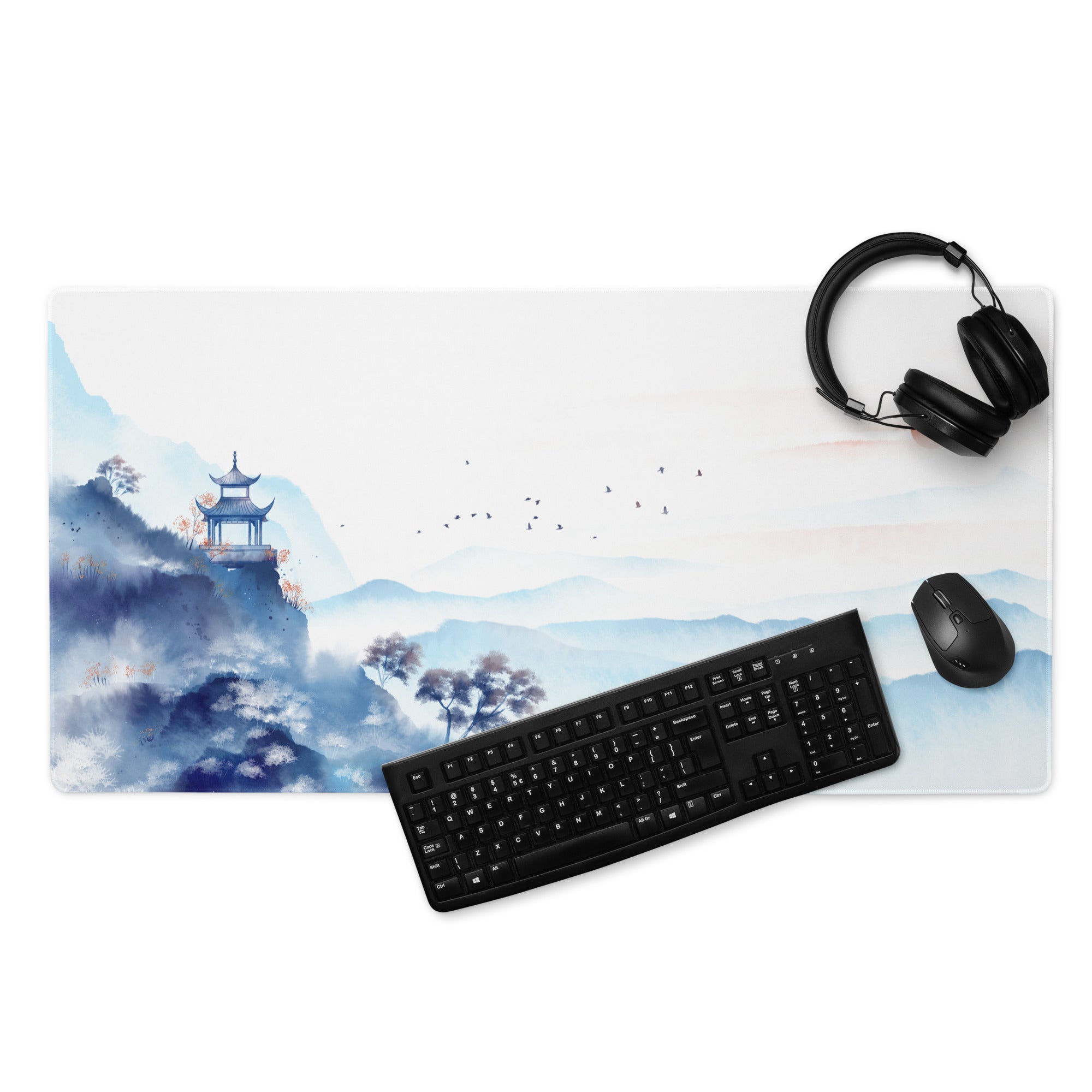 Blue Mountain Serenity Desk Pad - Mouse Pad Blue White Home Office Watercolor Landscape Calm Zen Minimalist Gaming Desk Mat Watercolor