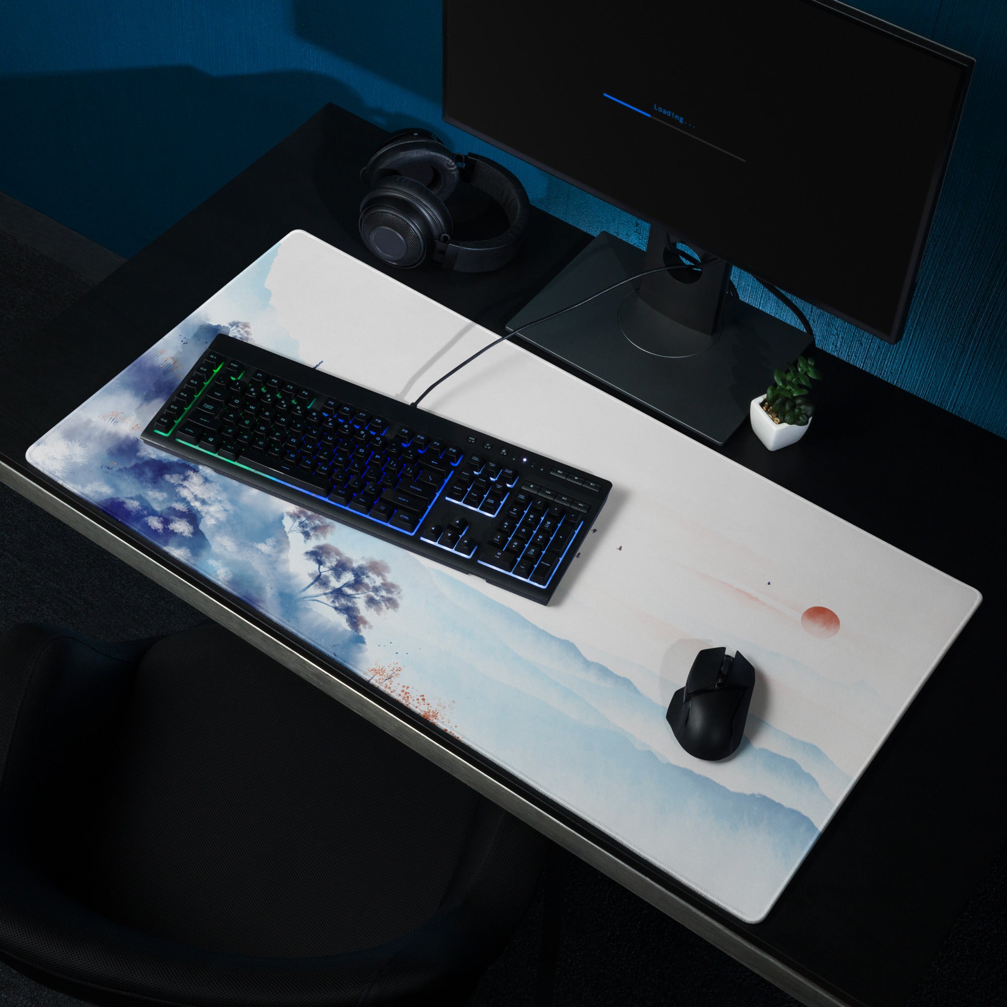 Blue Mountain Serenity Desk Pad - Mouse Pad Blue White Home Office Watercolor Landscape Calm Zen Minimalist Gaming Desk Mat Watercolor