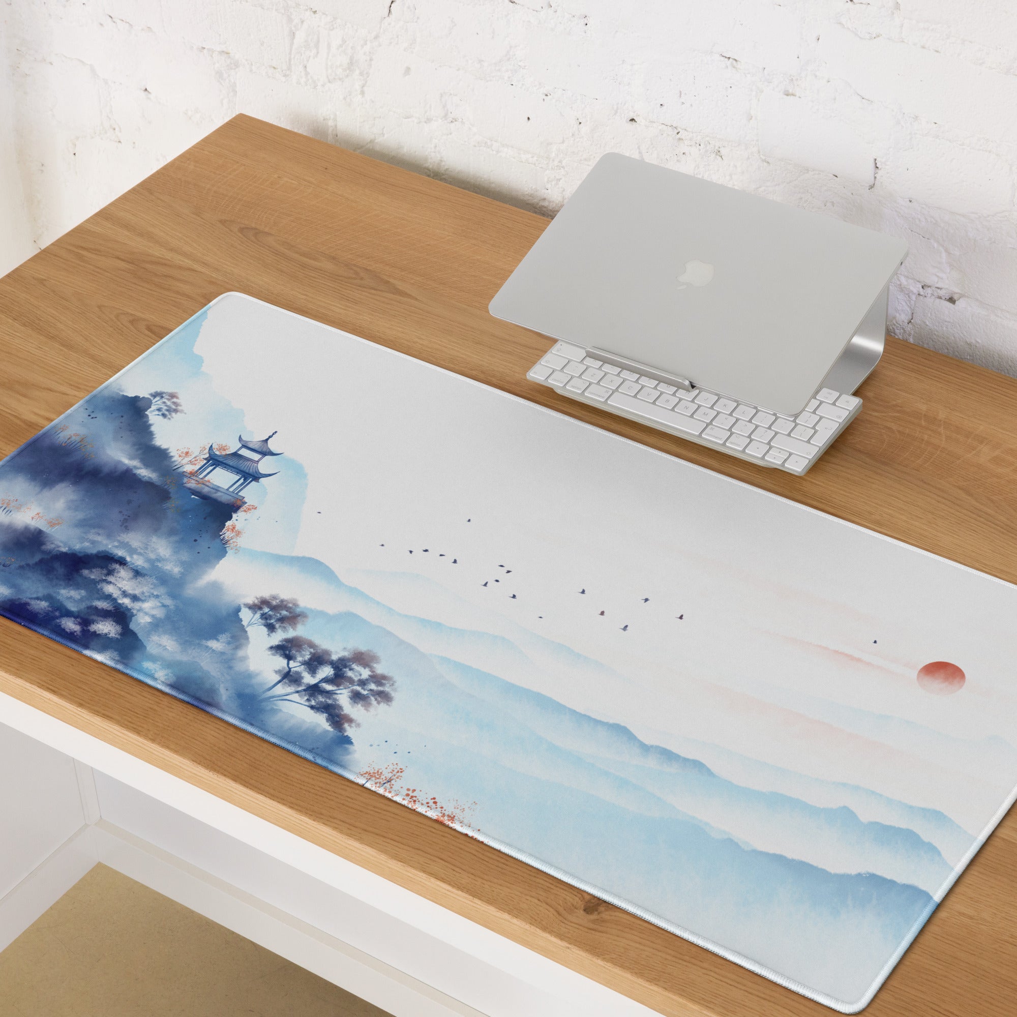 Blue Mountain Serenity Desk Pad - Mouse Pad Blue White Home Office Watercolor Landscape Calm Zen Minimalist Gaming Desk Mat Watercolor