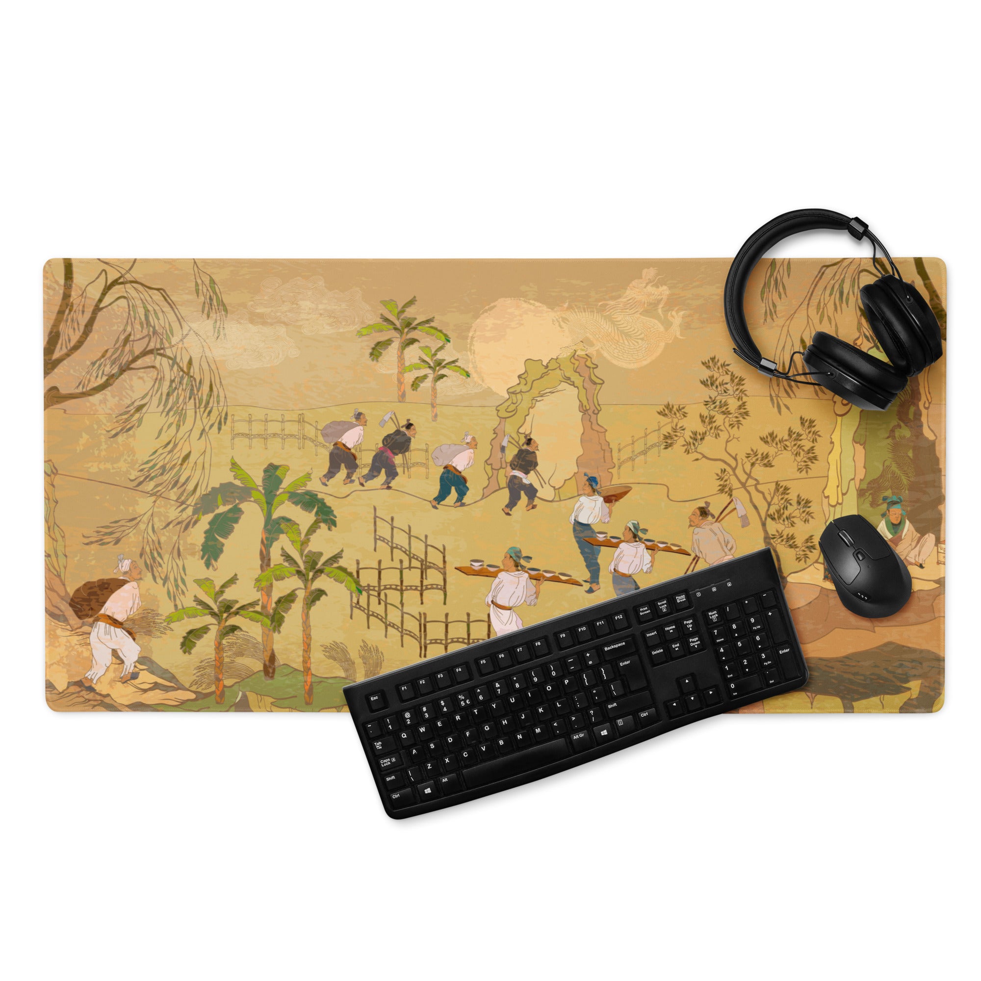 Golden Landscape Gaming Mouse Pad - Gaming Mouse Pad Gold Tan Desktop Setup Asian Landscape Calm Mood Desk Mat Ink