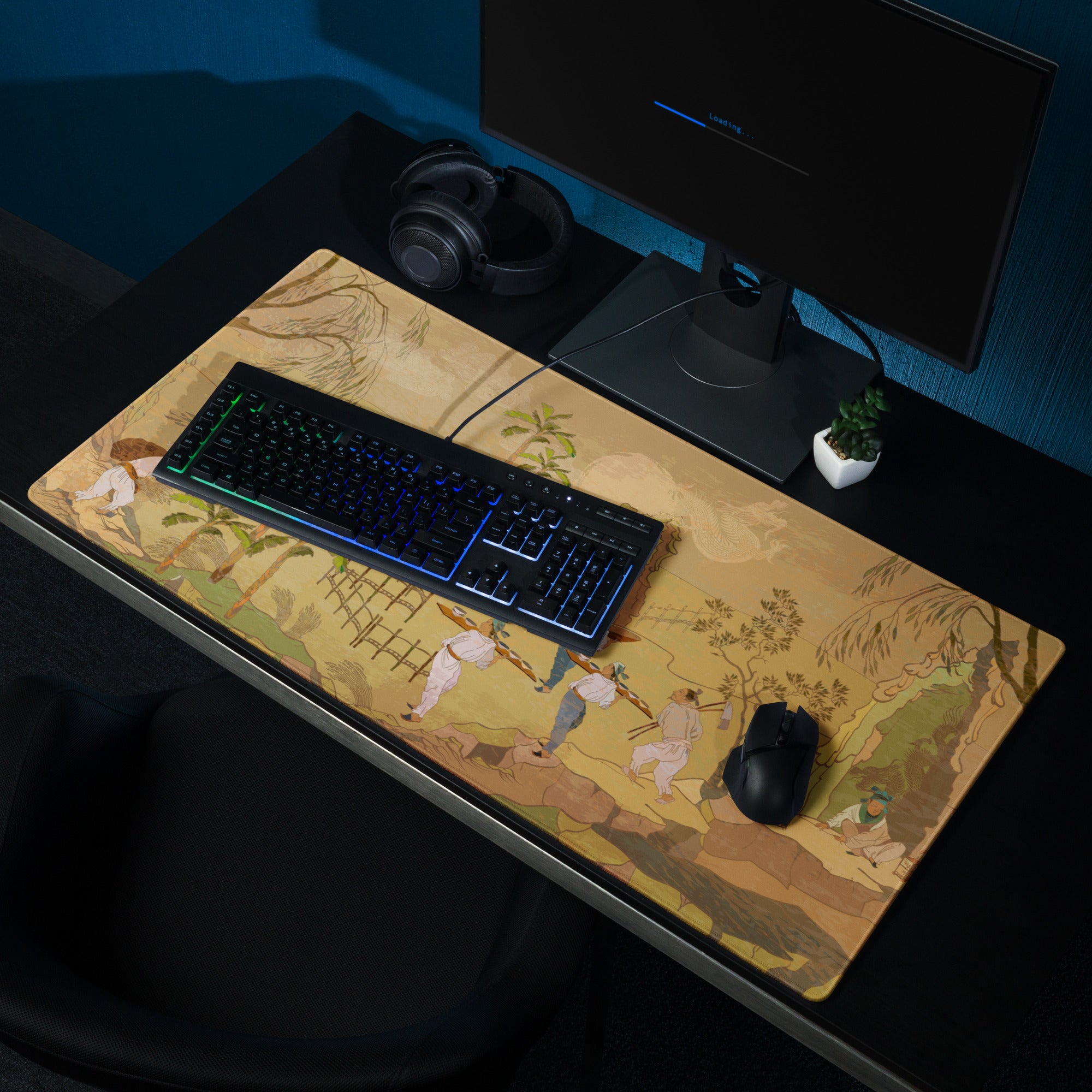 Golden Landscape Gaming Mouse Pad - Gaming Mouse Pad Gold Tan Desktop Setup Asian Landscape Calm Mood Desk Mat Ink