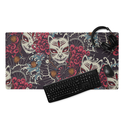 Mystic Kitsune Mask Art Mouse Pad - Kitsune Mask Art Red Black White Blue Gaming Desk Bold Mood Neon Accent Print