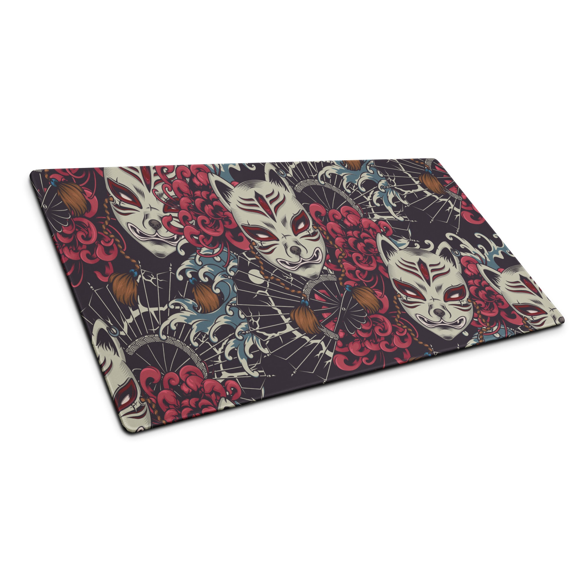 Mystic Kitsune Mask Art Mouse Pad - Kitsune Mask Art Red Black White Blue Gaming Desk Bold Mood Neon Accent Print