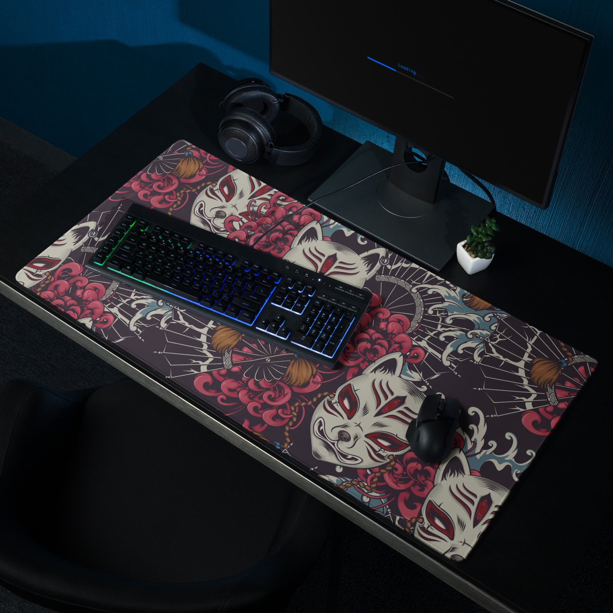 Mystic Kitsune Mask Art Mouse Pad - Kitsune Mask Art Red Black White Blue Gaming Desk Bold Mood Neon Accent Print