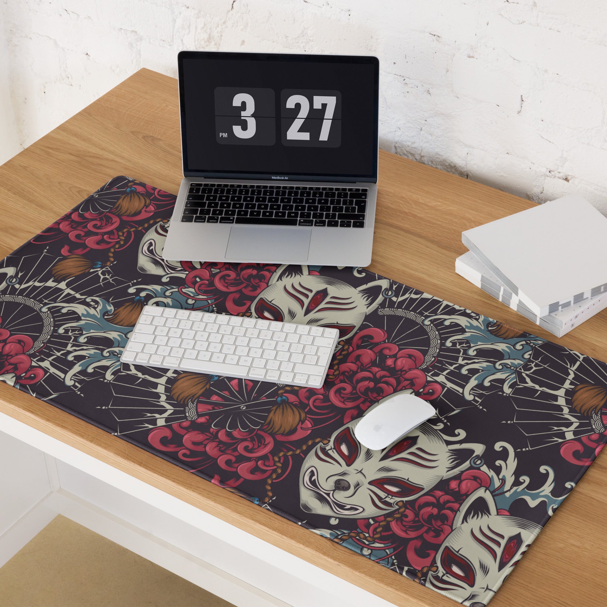 Mystic Kitsune Mask Art Mouse Pad - Kitsune Mask Art Red Black White Blue Gaming Desk Bold Mood Neon Accent Print