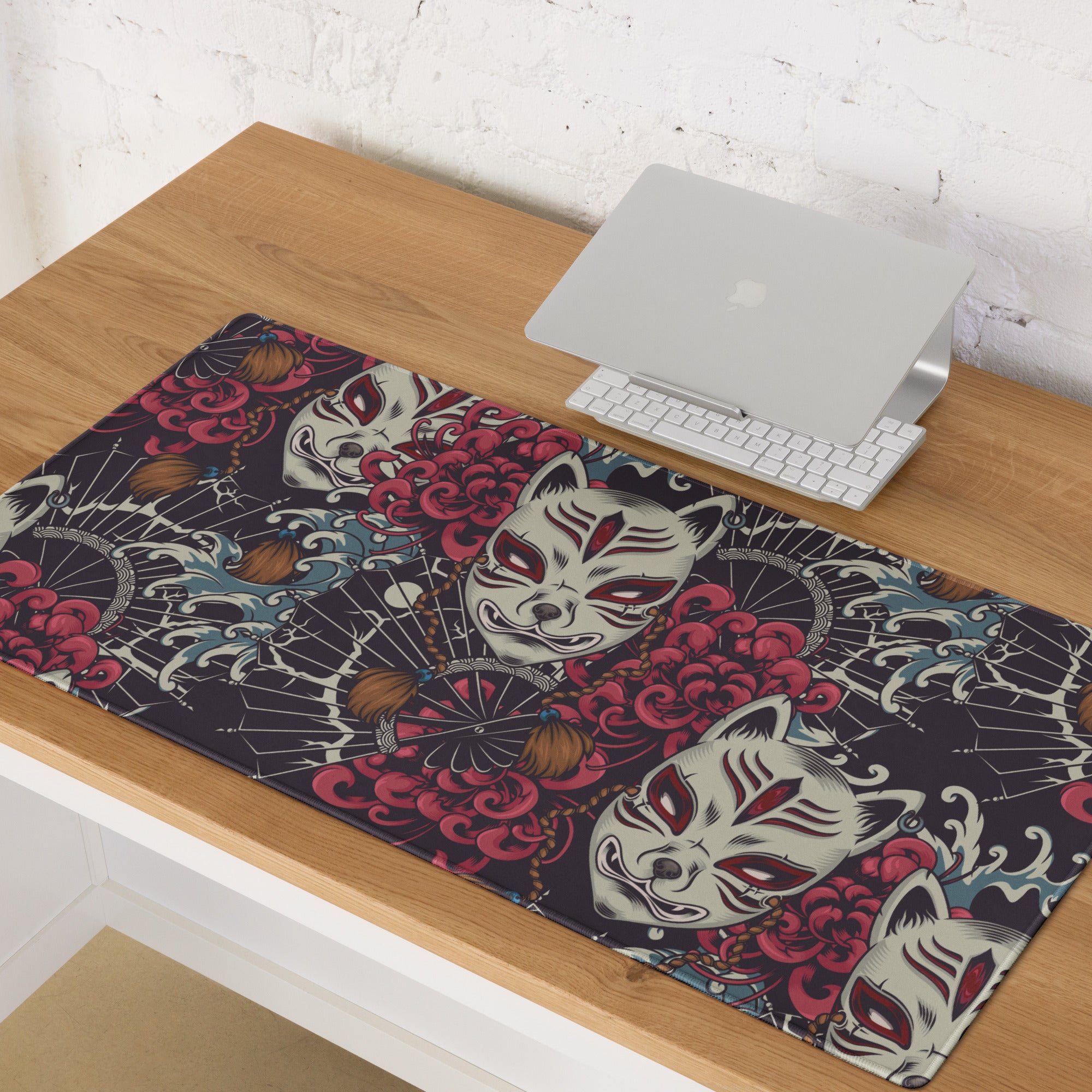Mystic Kitsune Mask Art Mouse Pad - Kitsune Mask Art Red Black White Blue Gaming Desk Bold Mood Neon Accent Print