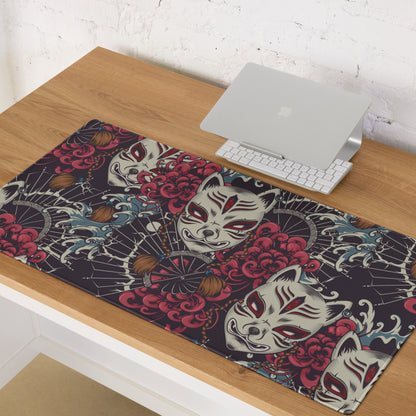 Mystic Kitsune Mask Art Mouse Pad - Kitsune Mask Art Red Black White Blue Gaming Desk Bold Mood Neon Accent Print