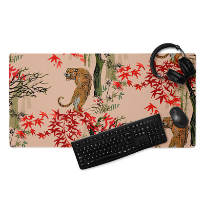 Jungle Tiger Forest Mouse Pad - Jungle Tiger Scene, Blush Pink, Red Leaves, Gaming Desk, Modern Illustration, Bold Mood