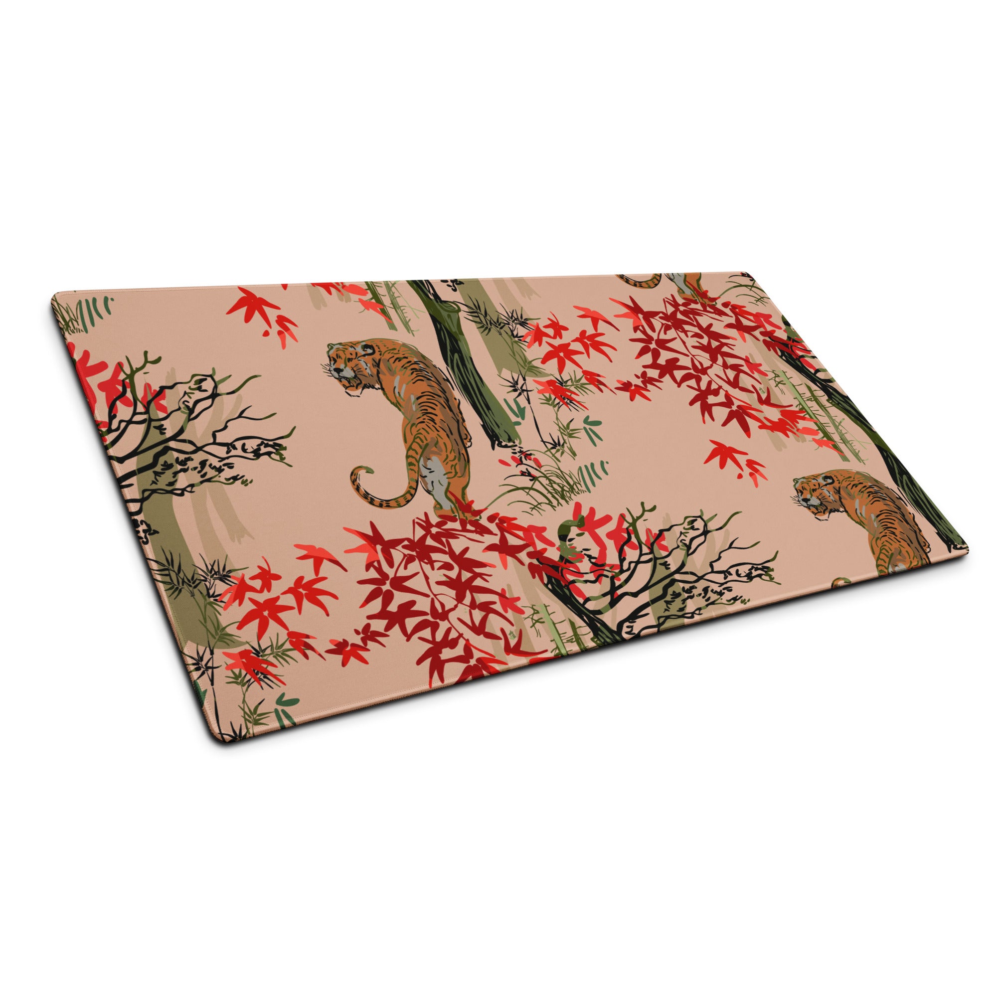 Jungle Tiger Forest Mouse Pad - Jungle Tiger Scene, Blush Pink, Red Leaves, Gaming Desk, Modern Illustration, Bold Mood