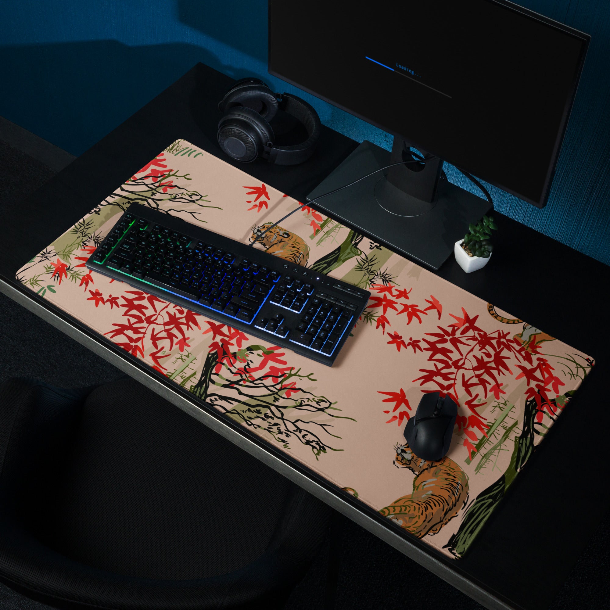 Jungle Tiger Forest Mouse Pad - Jungle Tiger Scene, Blush Pink, Red Leaves, Gaming Desk, Modern Illustration, Bold Mood