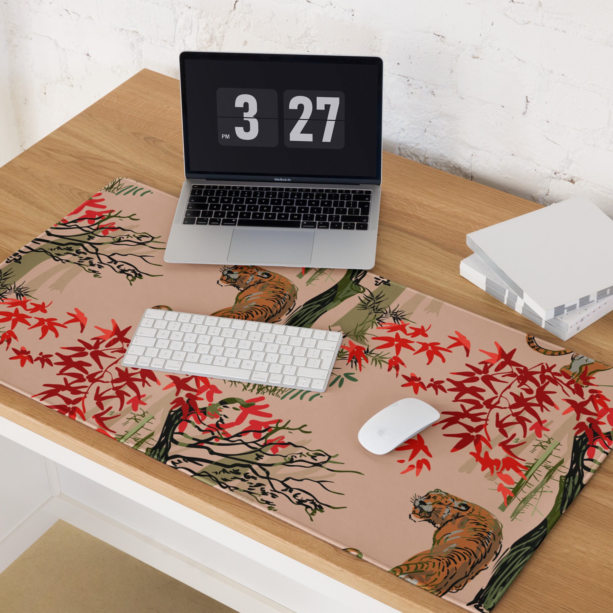 Jungle Tiger Forest Mouse Pad - Jungle Tiger Scene, Blush Pink, Red Leaves, Gaming Desk, Modern Illustration, Bold Mood