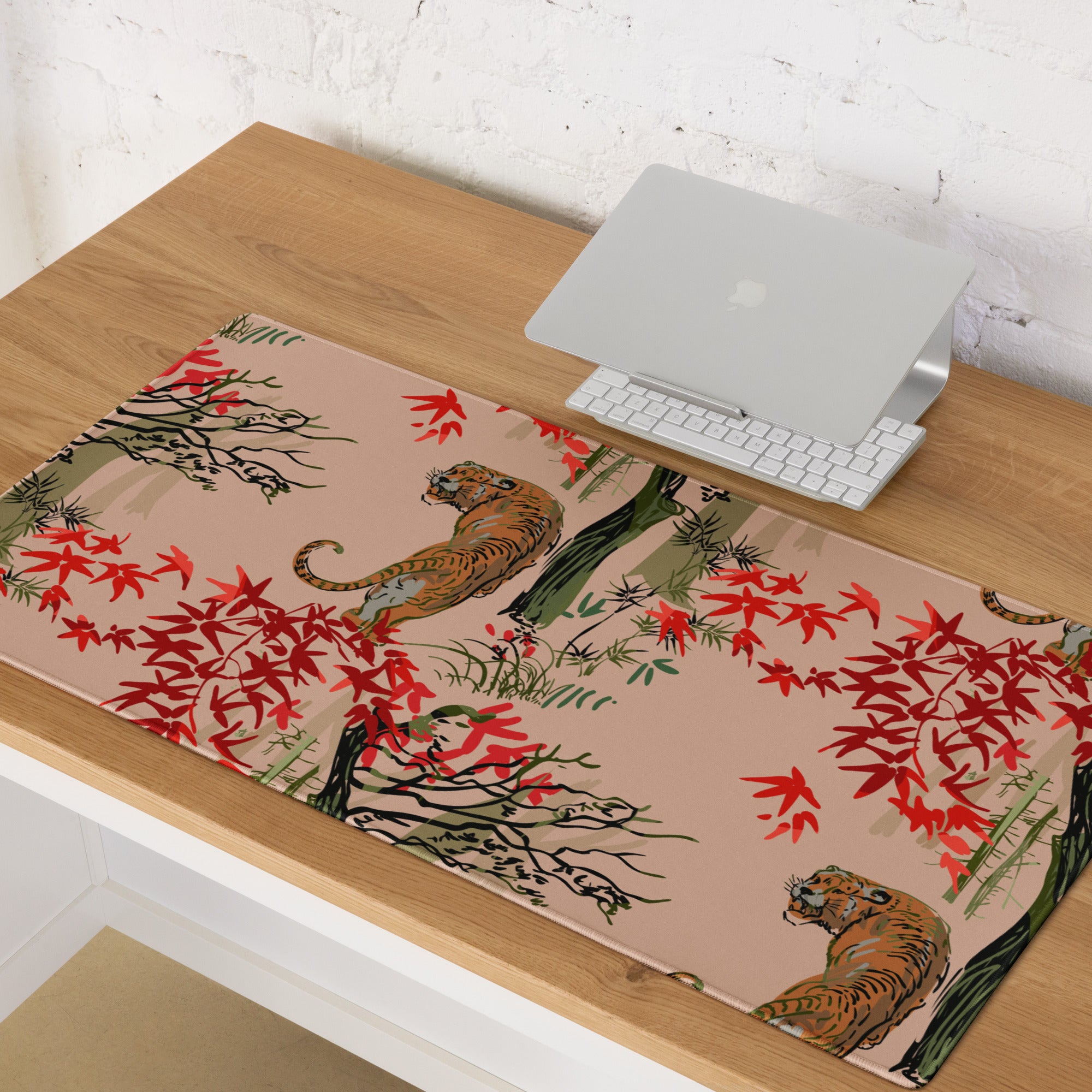 Jungle Tiger Forest Mouse Pad - Jungle Tiger Scene, Blush Pink, Red Leaves, Gaming Desk, Modern Illustration, Bold Mood