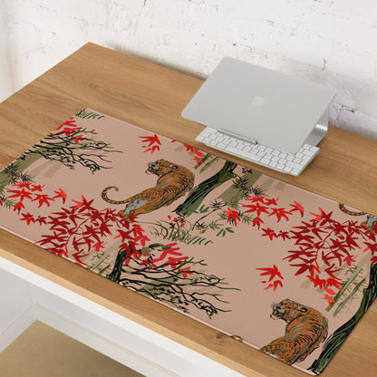 Jungle Tiger Forest Mouse Pad - Jungle Tiger Scene, Blush Pink, Red Leaves, Gaming Desk, Modern Illustration, Bold Mood