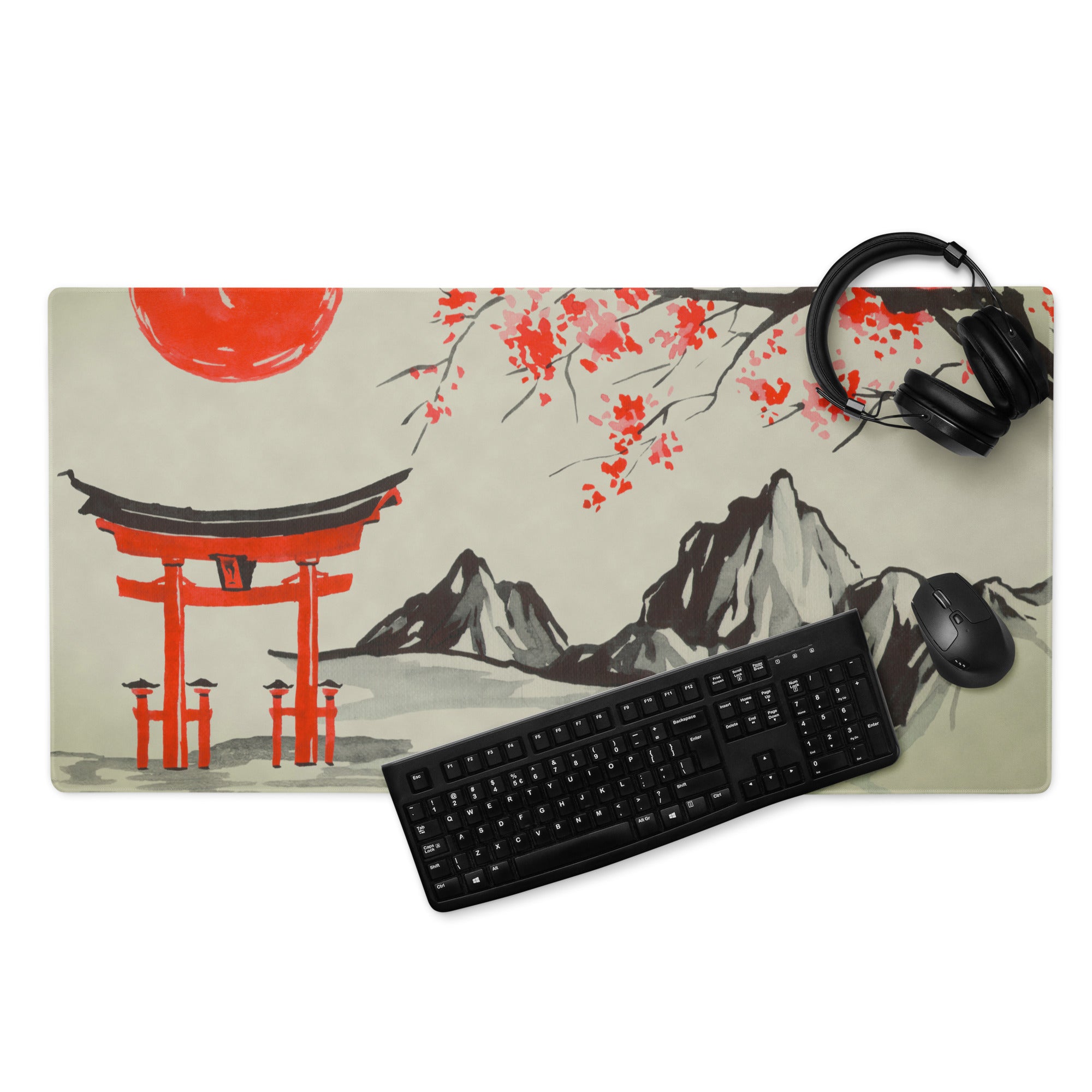 Blossom Red Pagoda Desk Mat - Japanese Pagoda Art Desk Mat Red Beige Traditional Calm Zen Gaming Setup Decor Ink Wash
