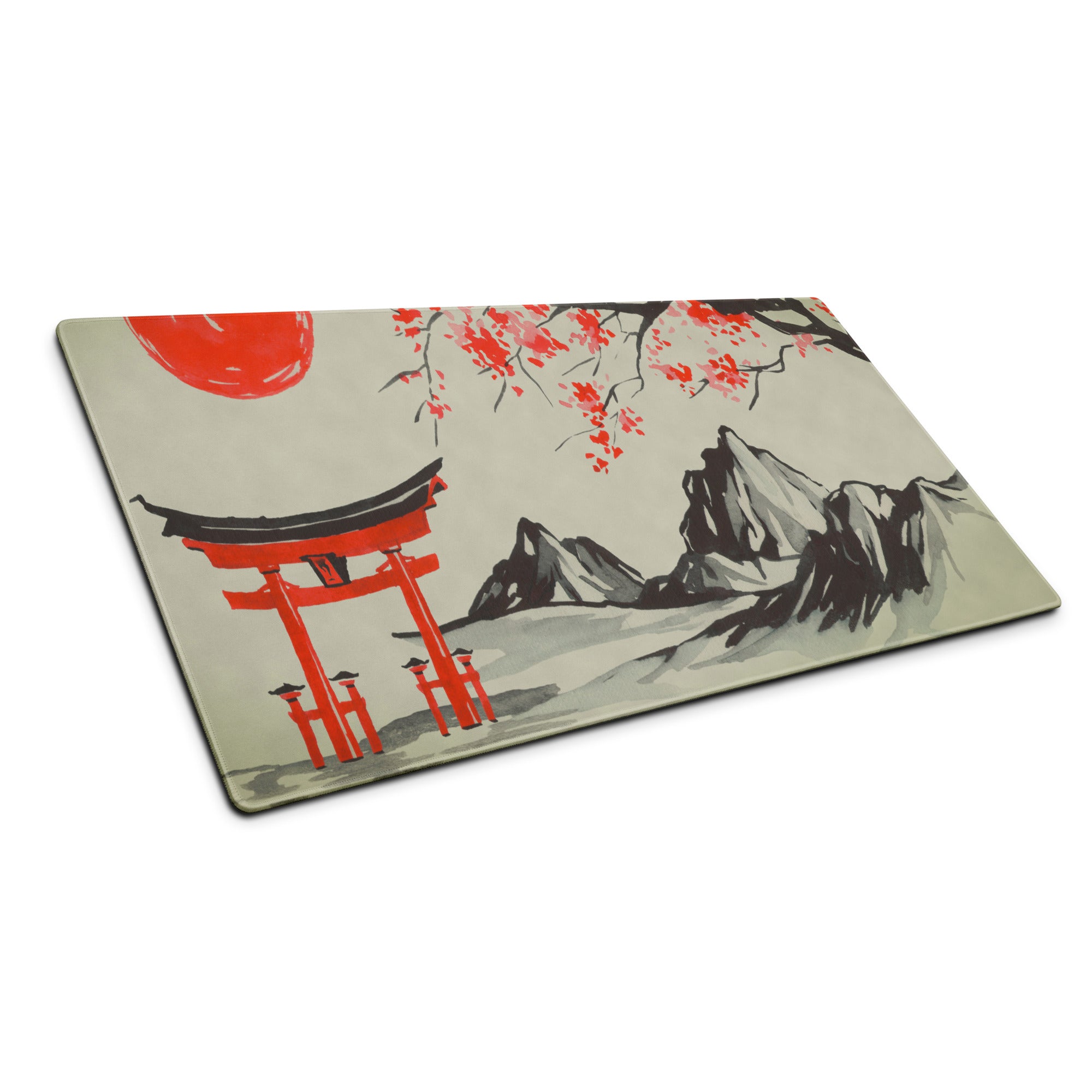 Blossom Red Pagoda Desk Mat - Japanese Pagoda Art Desk Mat Red Beige Traditional Calm Zen Gaming Setup Decor Ink Wash