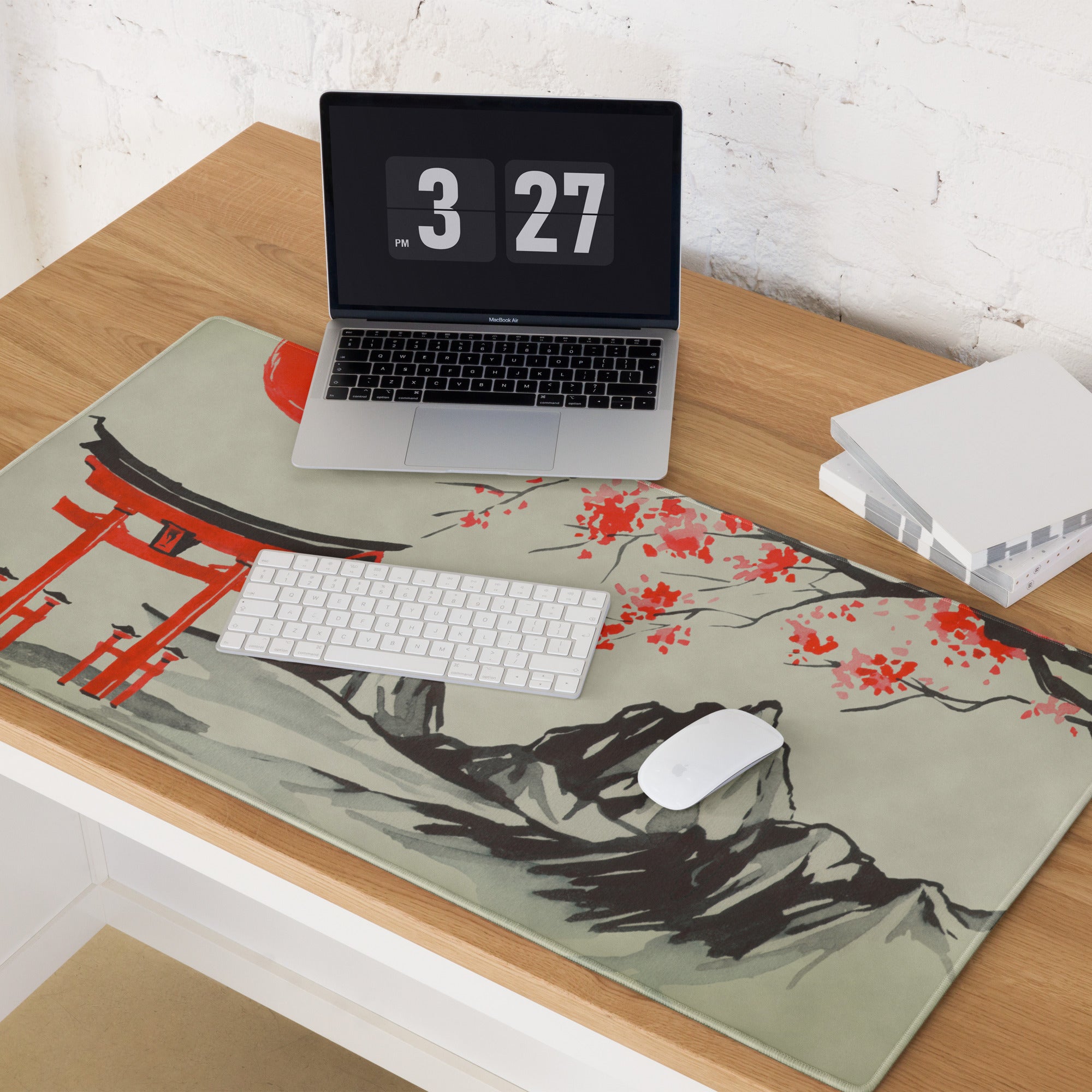 Blossom Red Pagoda Desk Mat - Japanese Pagoda Art Desk Mat Red Beige Traditional Calm Zen Gaming Setup Decor Ink Wash