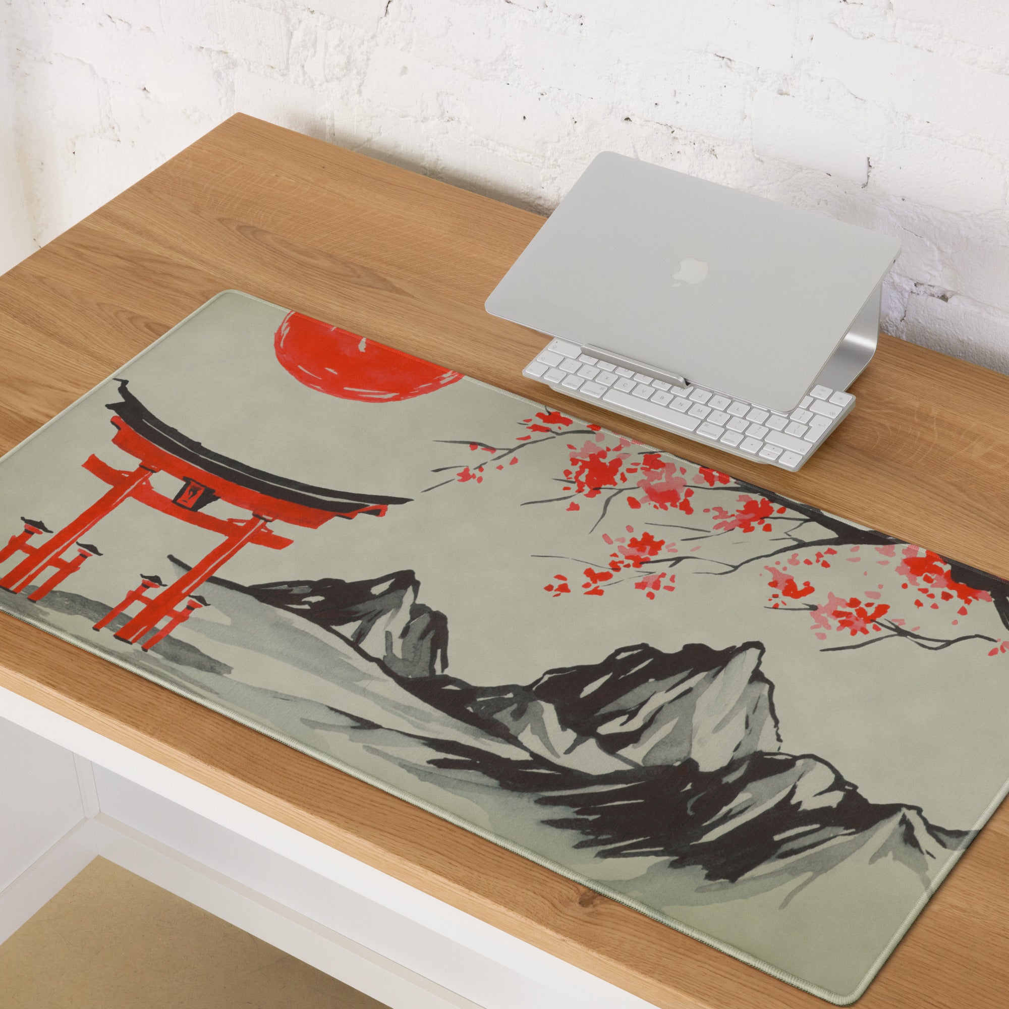 Blossom Red Pagoda Desk Mat - Japanese Pagoda Art Desk Mat Red Beige Traditional Calm Zen Gaming Setup Decor Ink Wash